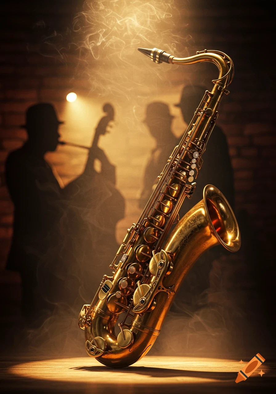 A close-up, photorealistic image of a golden saxophone on a wooden stage with silhouetted jazz musicians and smoky spotlights in the background.