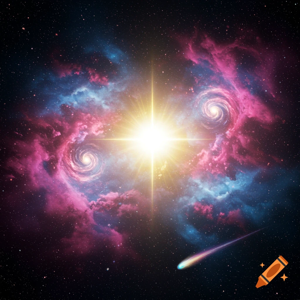 A bright star illuminates vibrant pink and blue nebulae with swirling patterns and a streaking comet in deep space.