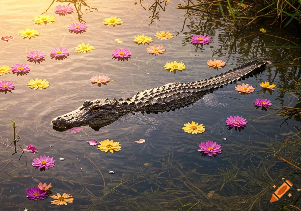 A photorealistic image of an alligator swimming in calm water with many pink and yellow flowers floating around it.