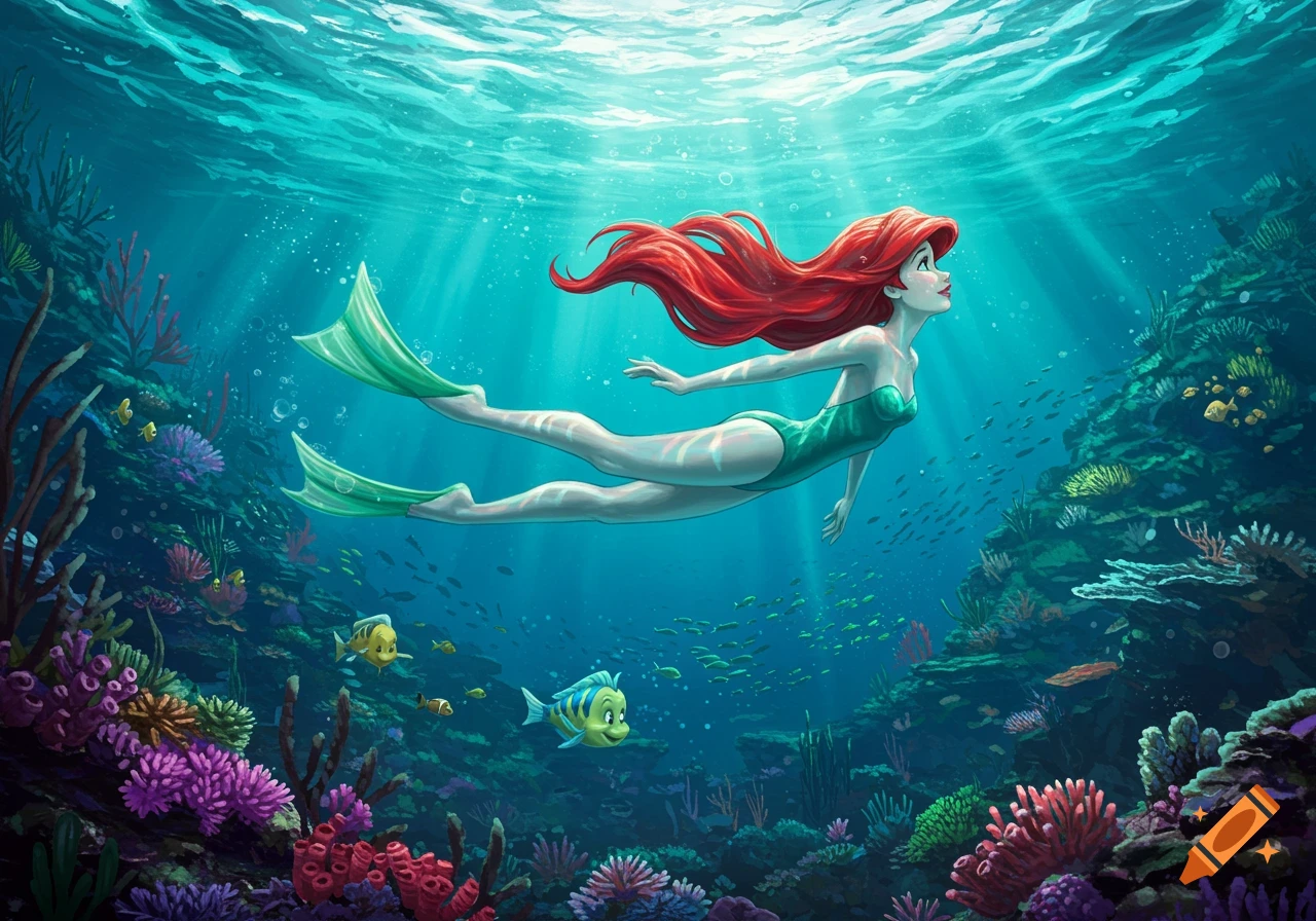 A red-haired cartoon character resembling Ariel swims gracefully with flippers in a vibrant underwater coral reef, with schools of fish.