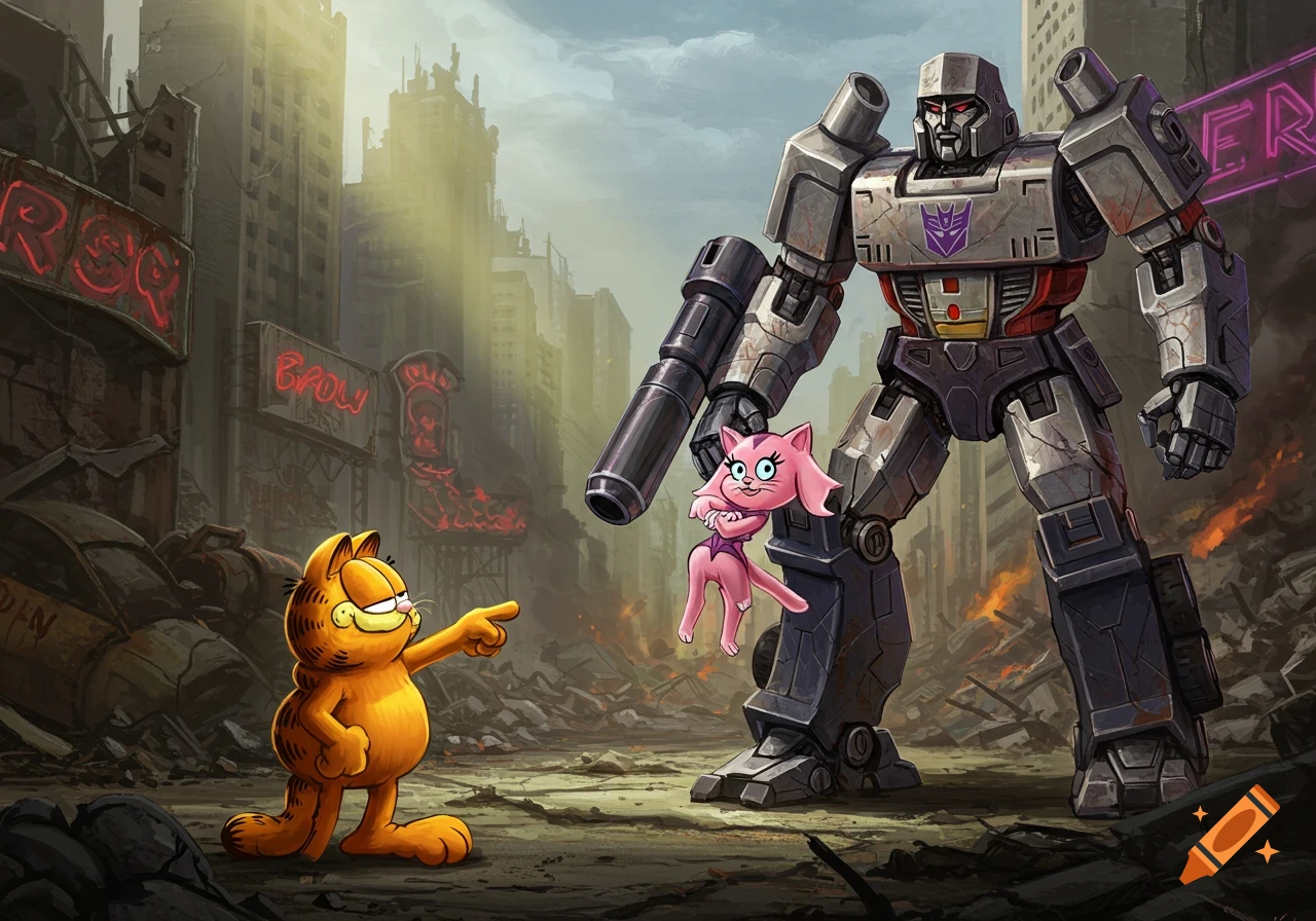 Cartoon Garfield points at Megatron, who holds a pink cat, in a detailed, destroyed city background.