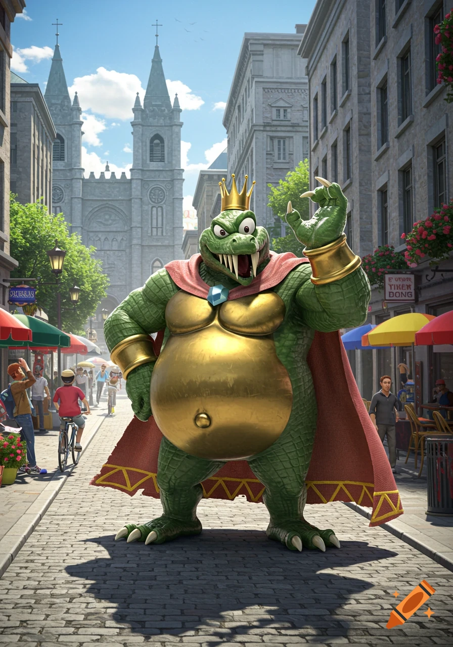 King K. Rool, a large green crocodile wearing a gold crown and chest plate, stands on a cobblestone street in a detailed city with a large church in the background.