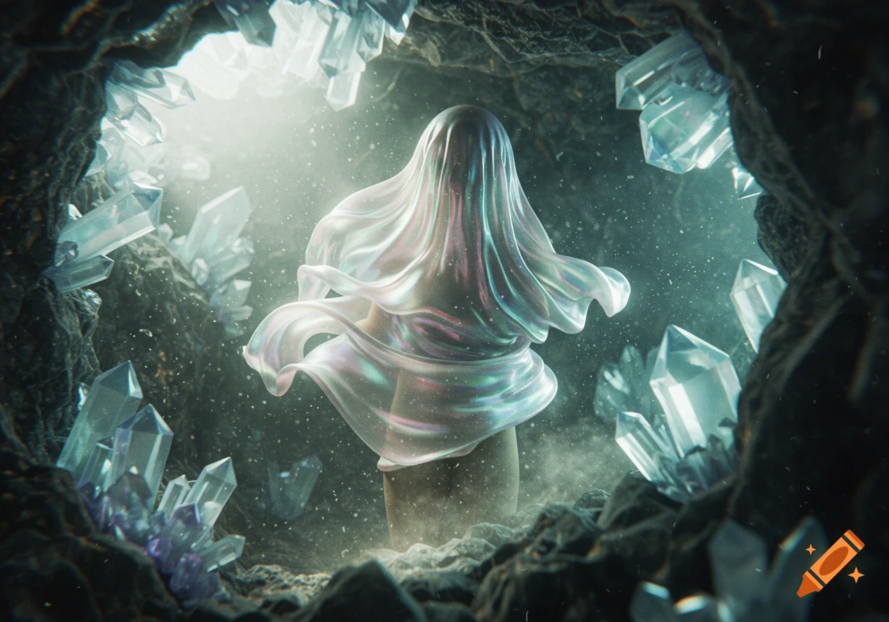 A draped, ethereal figure stands in a shimmering crystal cave, illuminated by light from above.