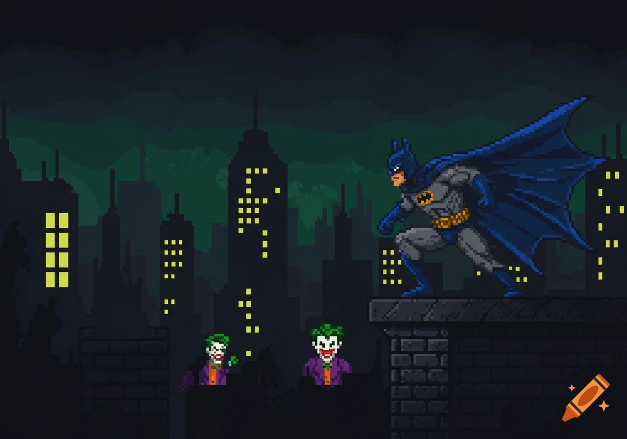 Pixel art of Batman on a rooftop overlooking a dark city skyline with two small Joker figures below.