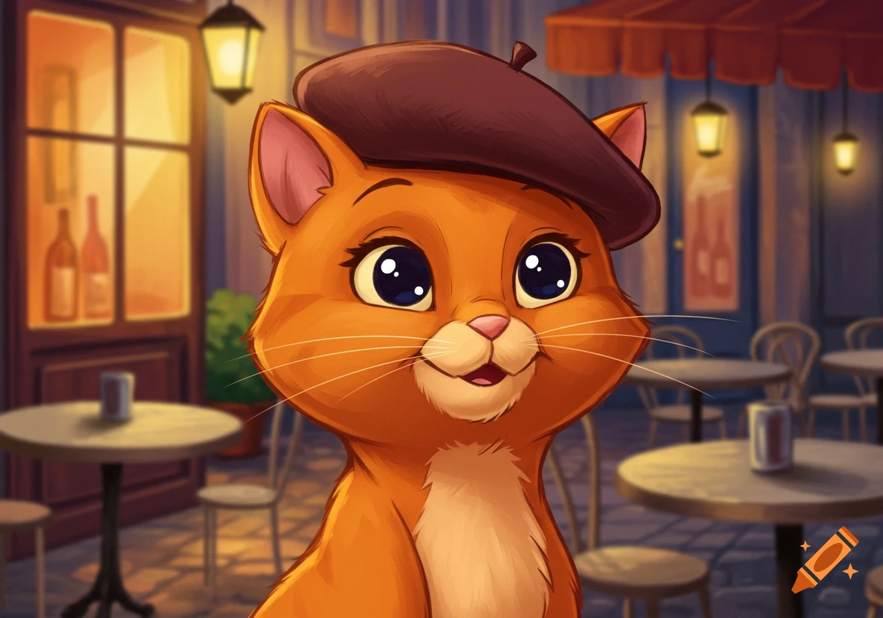 A cute orange anthropomorphic cat wearing a brown beret smiles in a cartoon style, sitting at a cafe.