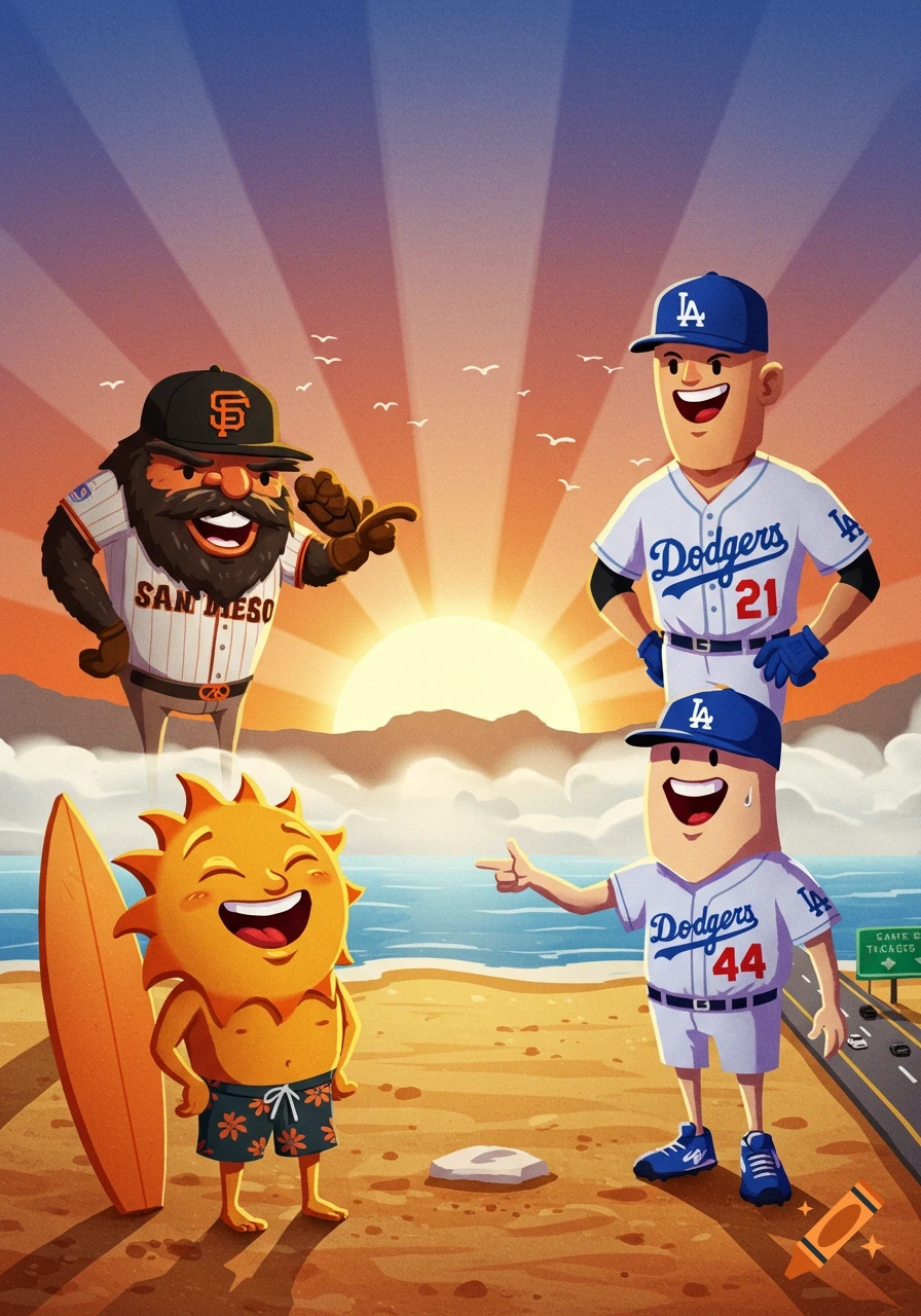 A colorful cartoon illustration of baseball team mascots and a sun character on a beach at sunset. A hairy San Diego character and two LA Dodgers players are laughing and pointing with a sun character holding a surfboard.