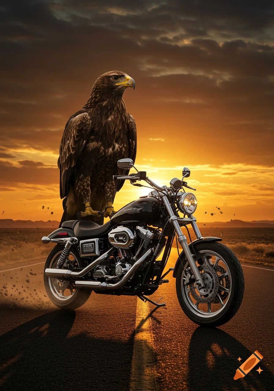 A majestic brown eagle stands perched on a black motorcycle on a road, silhouetted against a vibrant orange and yellow sunset.