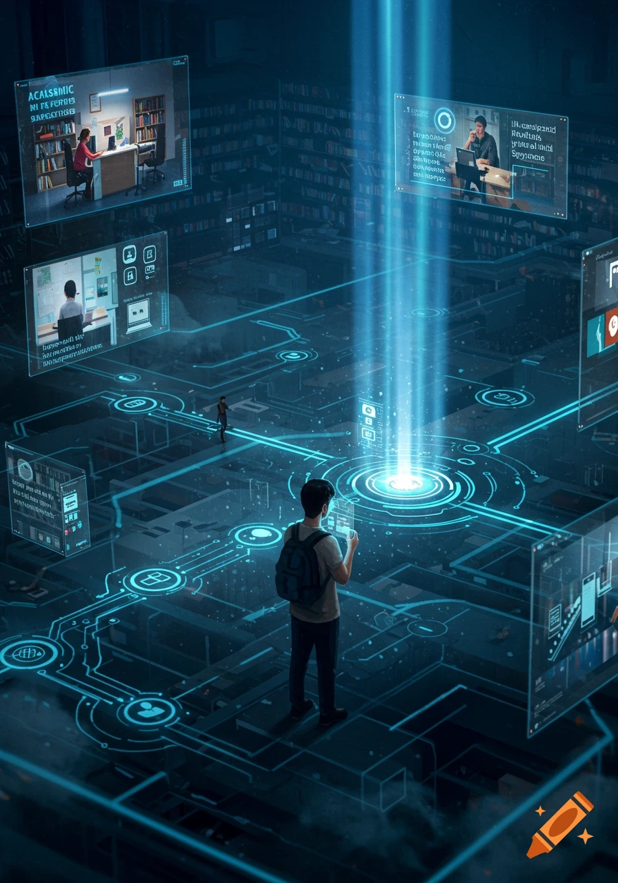 A student views a holographic screen in a futuristic digital library with glowing blue lines, floating information screens, and a central light beam.