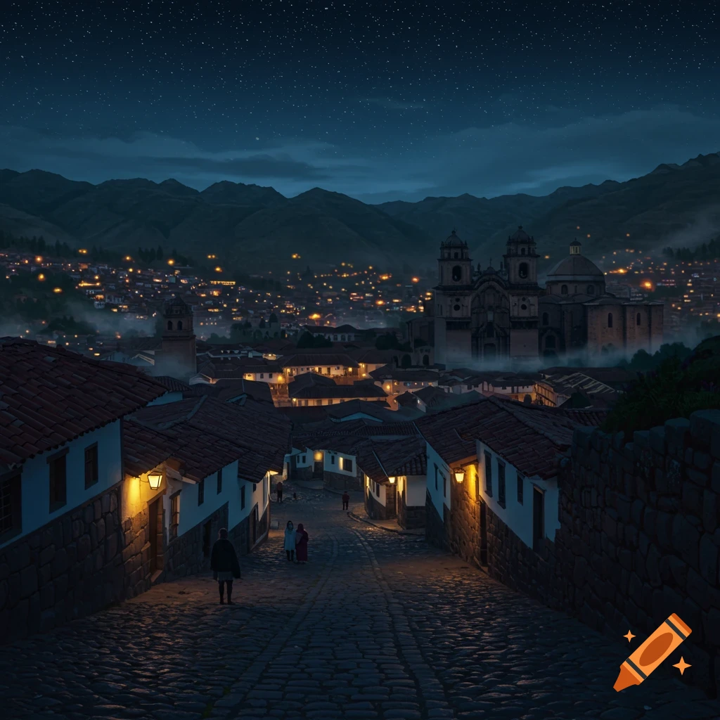 Night view of a historic cobblestone street in Cusco, illuminated houses, a large cathedral, and distant mountains under a starry sky.