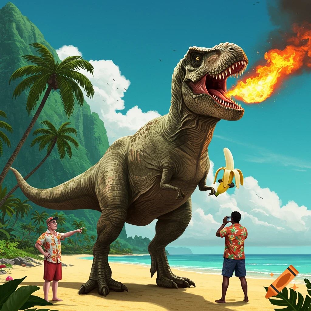 A large T-Rex-like dinosaur breathing fire and holding a banana on a tropical beach with two men.