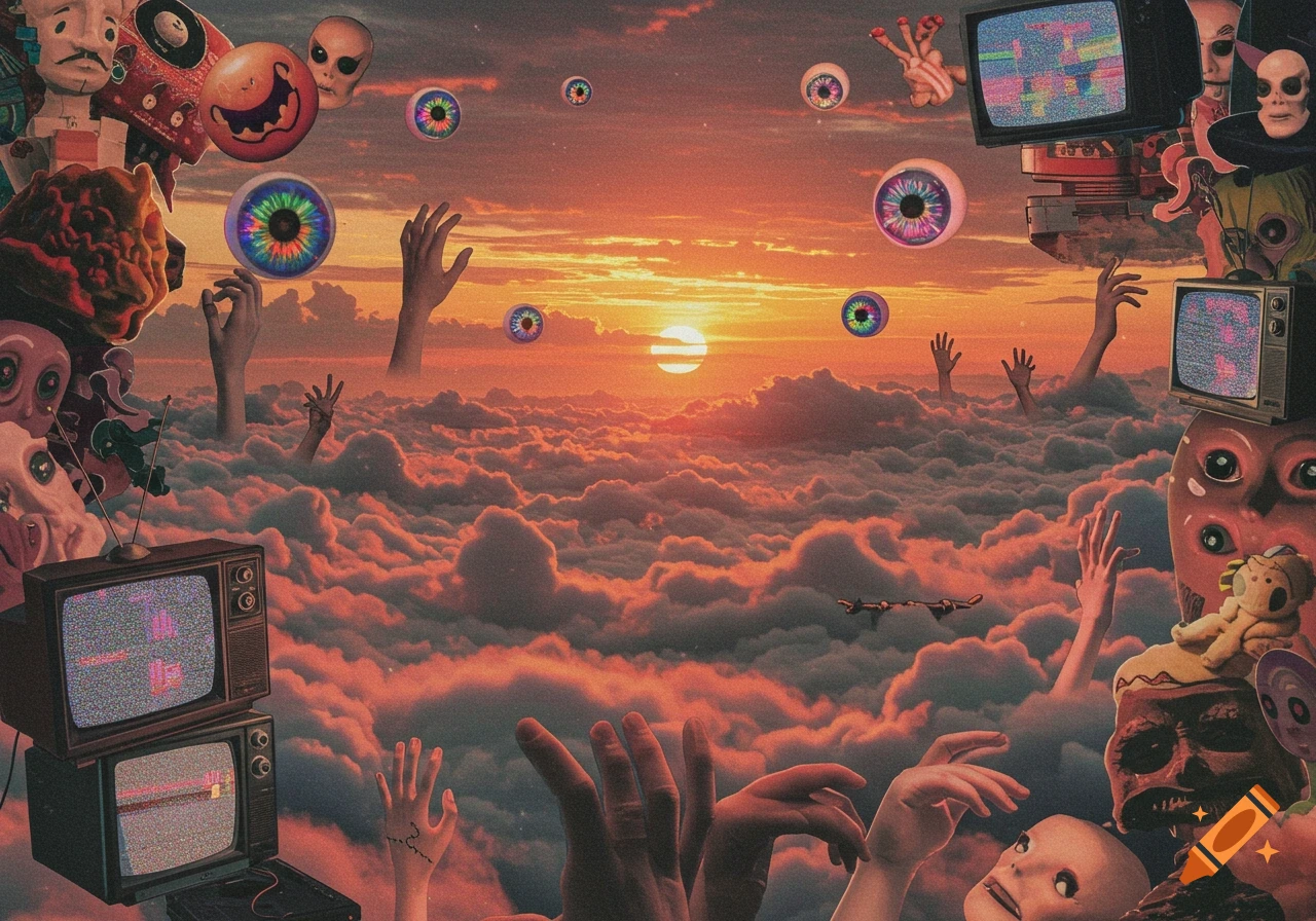 A surreal collage featuring disembodied hands reaching from clouds, floating eyeballs, vintage TVs with static, and distorted figures, all under a sunset sky.