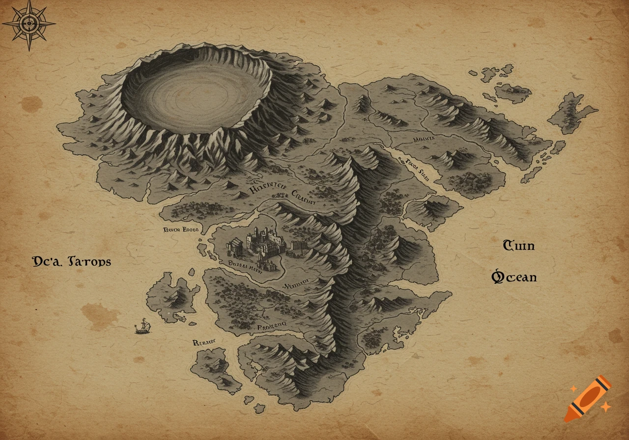 A vintage fantasy map of a continent, drawn in charcoal on parchment, featuring mountains, a large crater, a castle, and labeled regions, with a compass rose and a small ship.