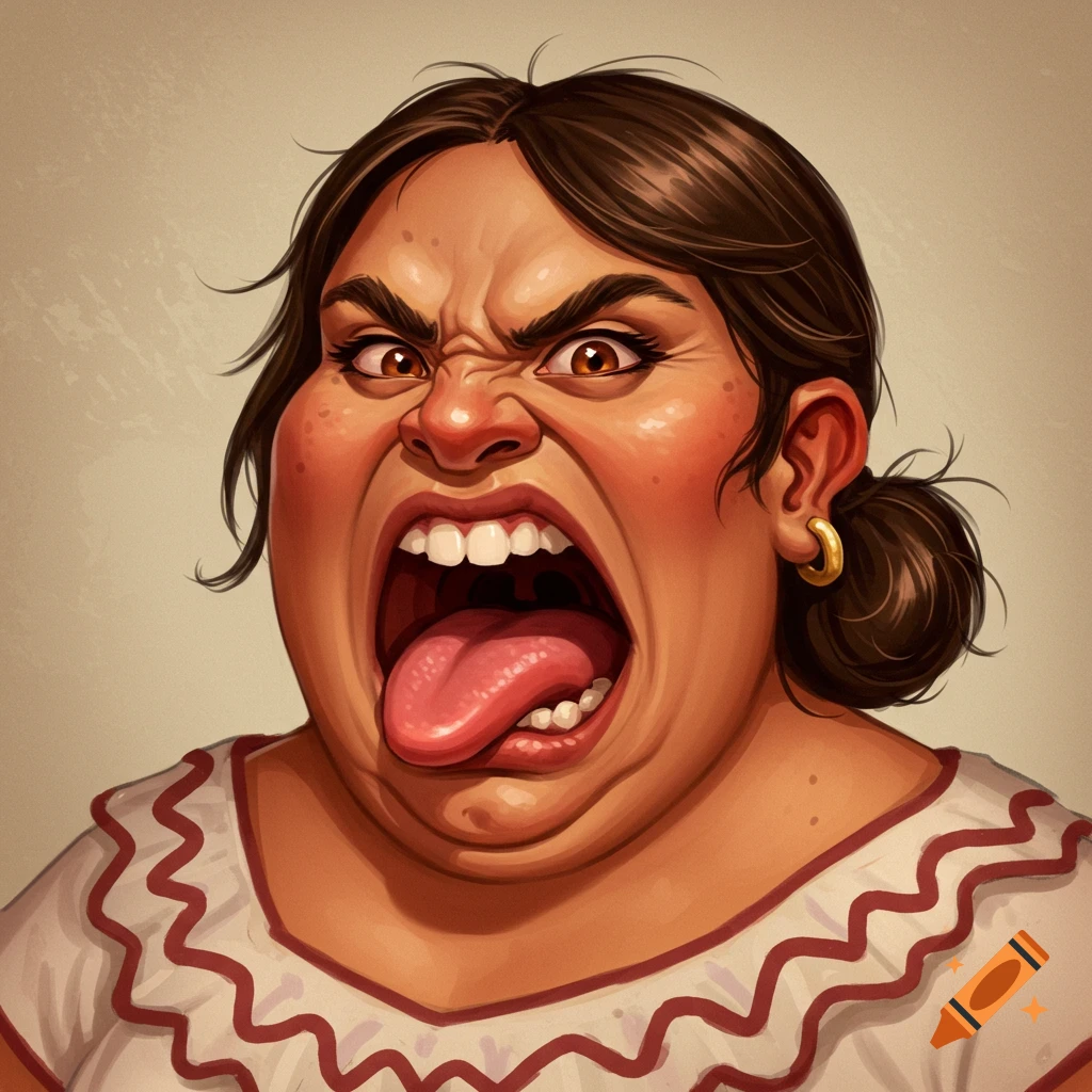 A cartoon portrait of an angry woman with dark hair, wide eyes, and an open mouth with her tongue sticking out.