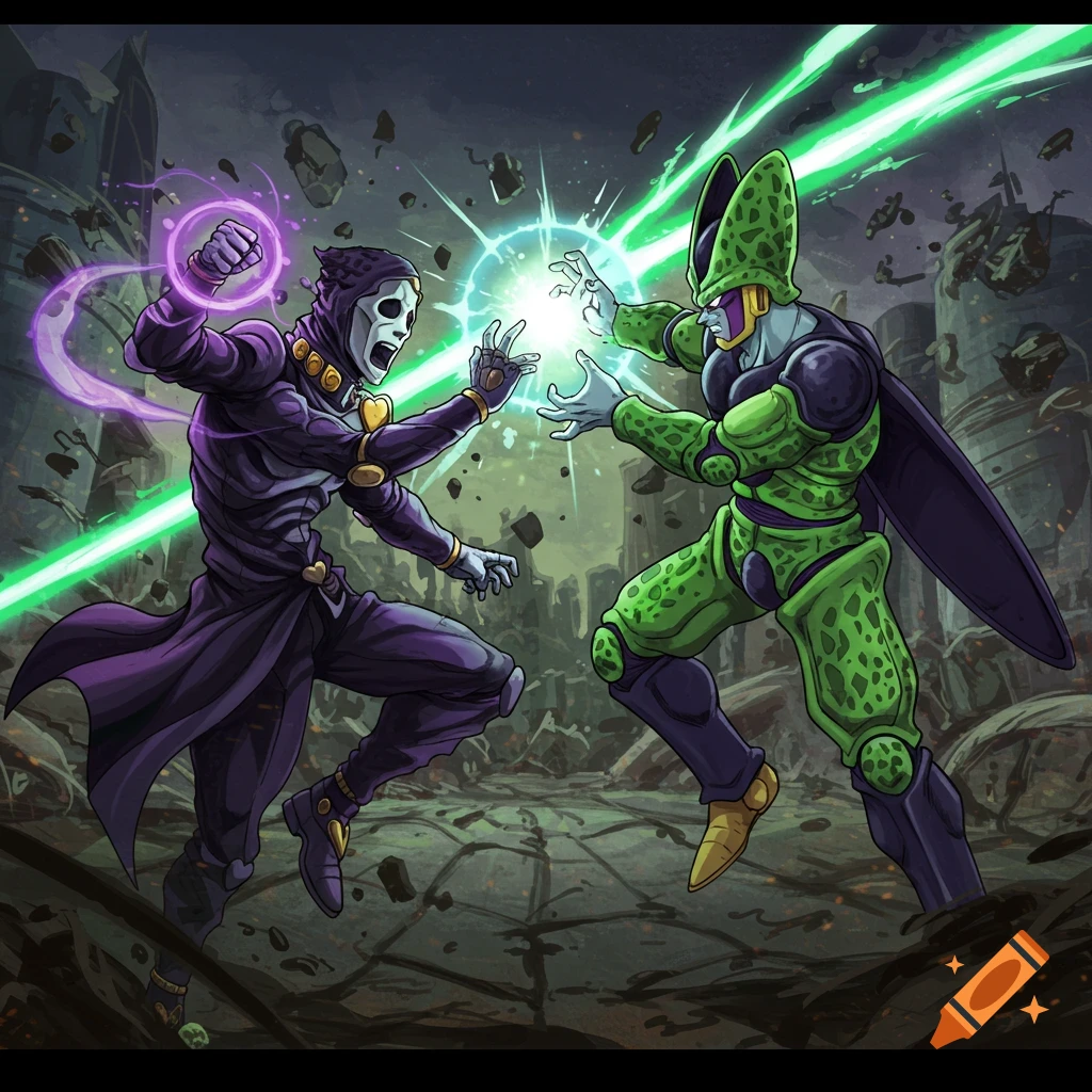 Ghostface from Jojo's Bizarre Adventure battles Cell from Dragon Ball Z in a destroyed city, energy blasts colliding.