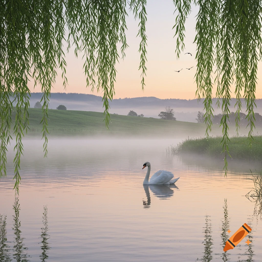 A white swan glides on a misty lake at sunrise, framed by drooping willow branches.