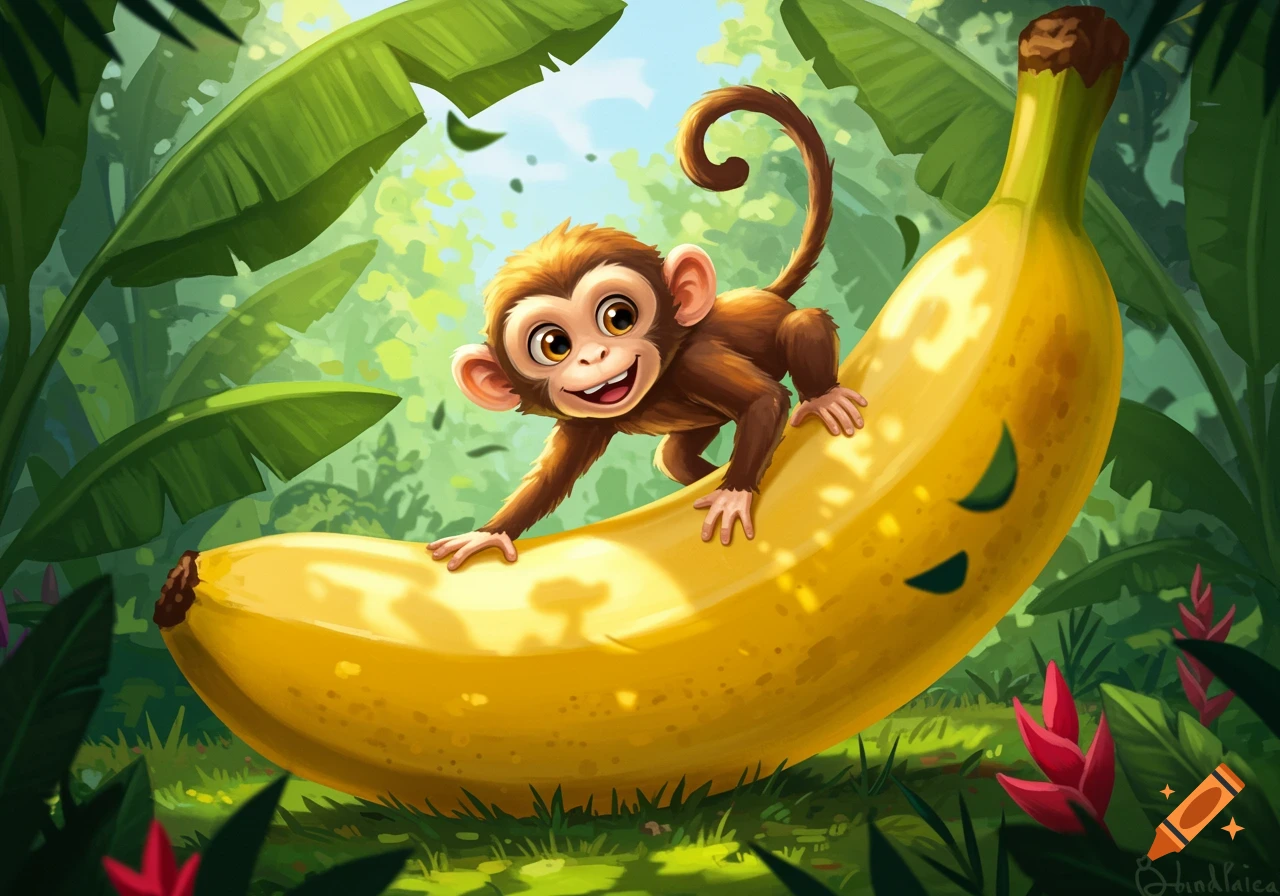 A cute cartoon monkey smiles while climbing on a giant banana in a lush green jungle.