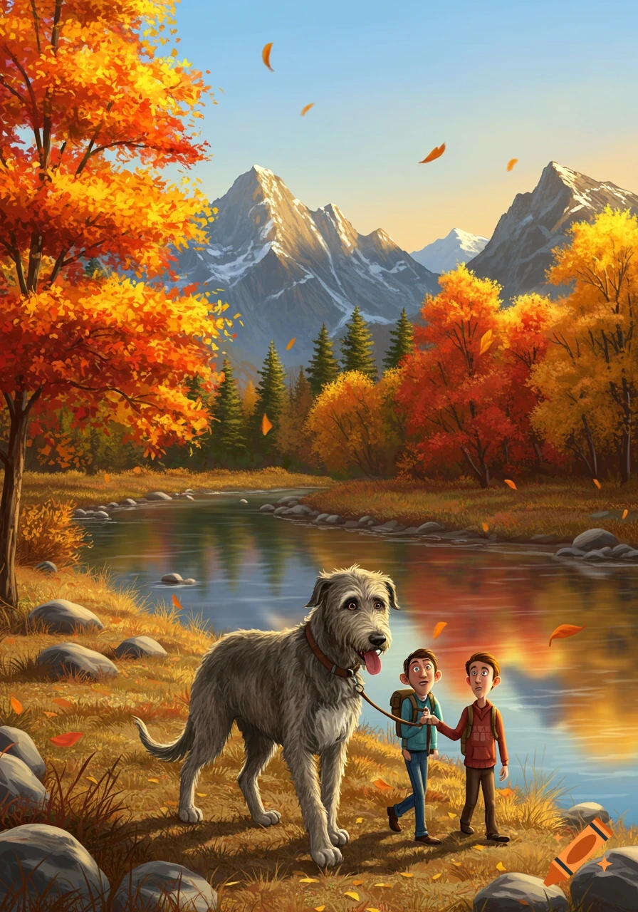 An Irish Wolfhound walking two boys on a leash along a riverbank with colorful autumn trees and mountains.
