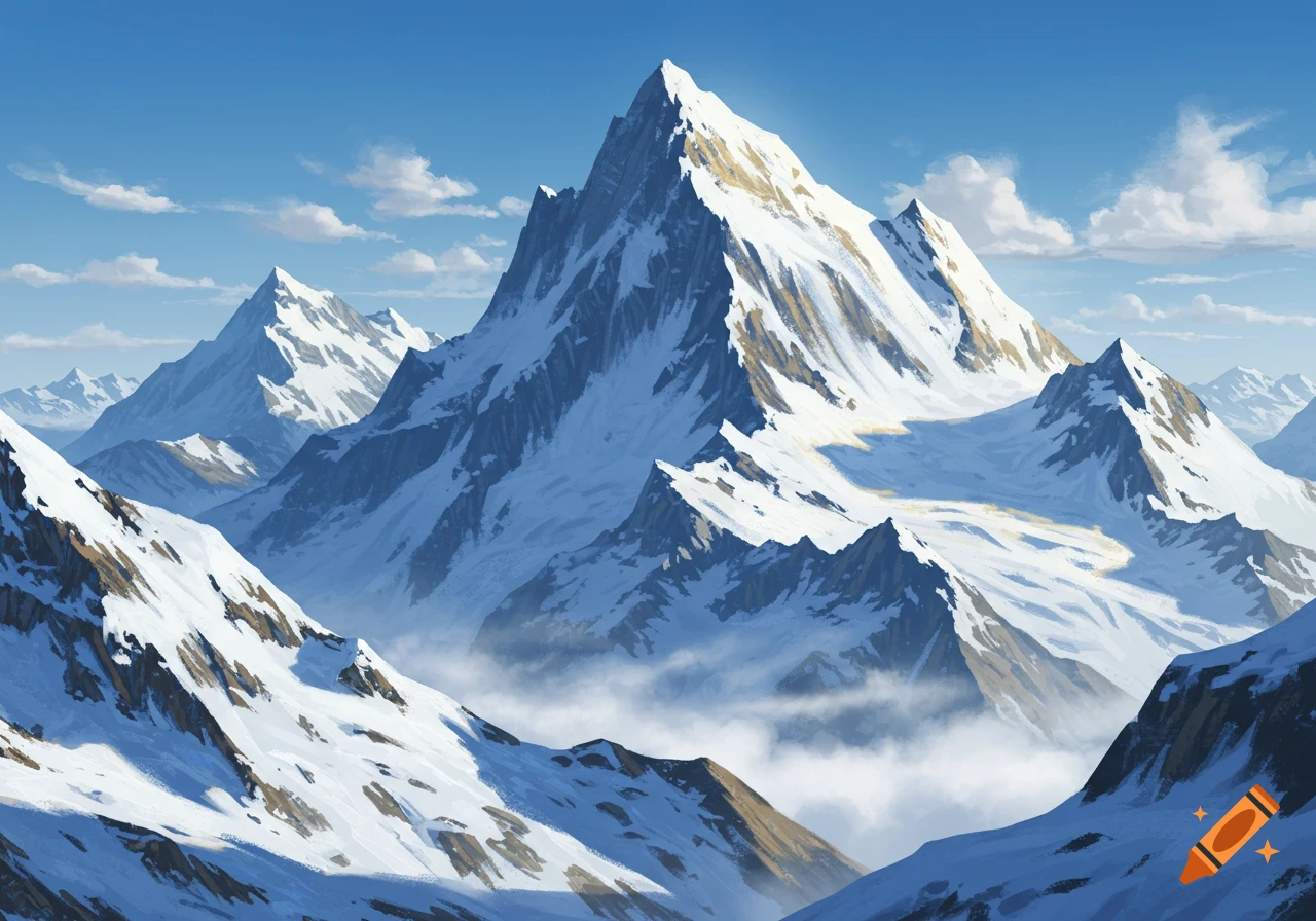Snow-covered mountain range under a clear blue sky with white clouds, illustrated in a digital painting style.