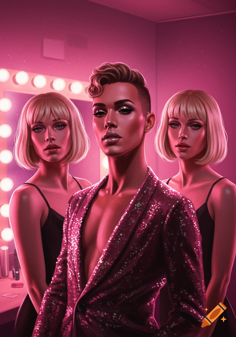 Three stylized performers in a pink-lit dressing room. A central figure in a sequined jacket and heavy makeup is flanked by two figures with blonde bob wigs, all posing in front of a vanity mirror.