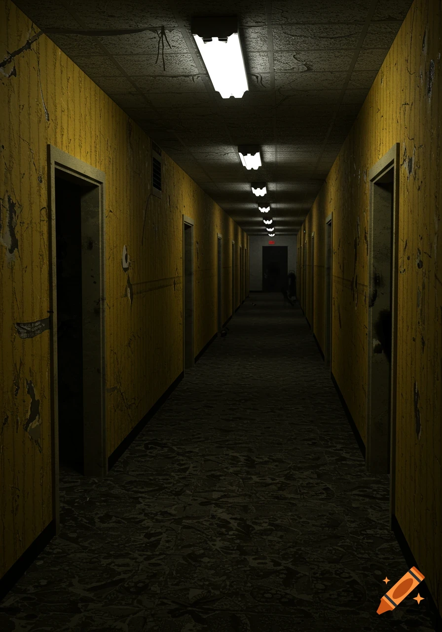 A long, dark, eerie hallway with peeling yellow walls, worn carpet, and flickering fluorescent lights, leading to a distant red exit sign.