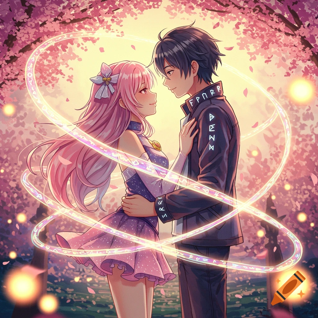 An anime boy and girl embrace surrounded by glowing magical rings and pink cherry blossoms at sunset.