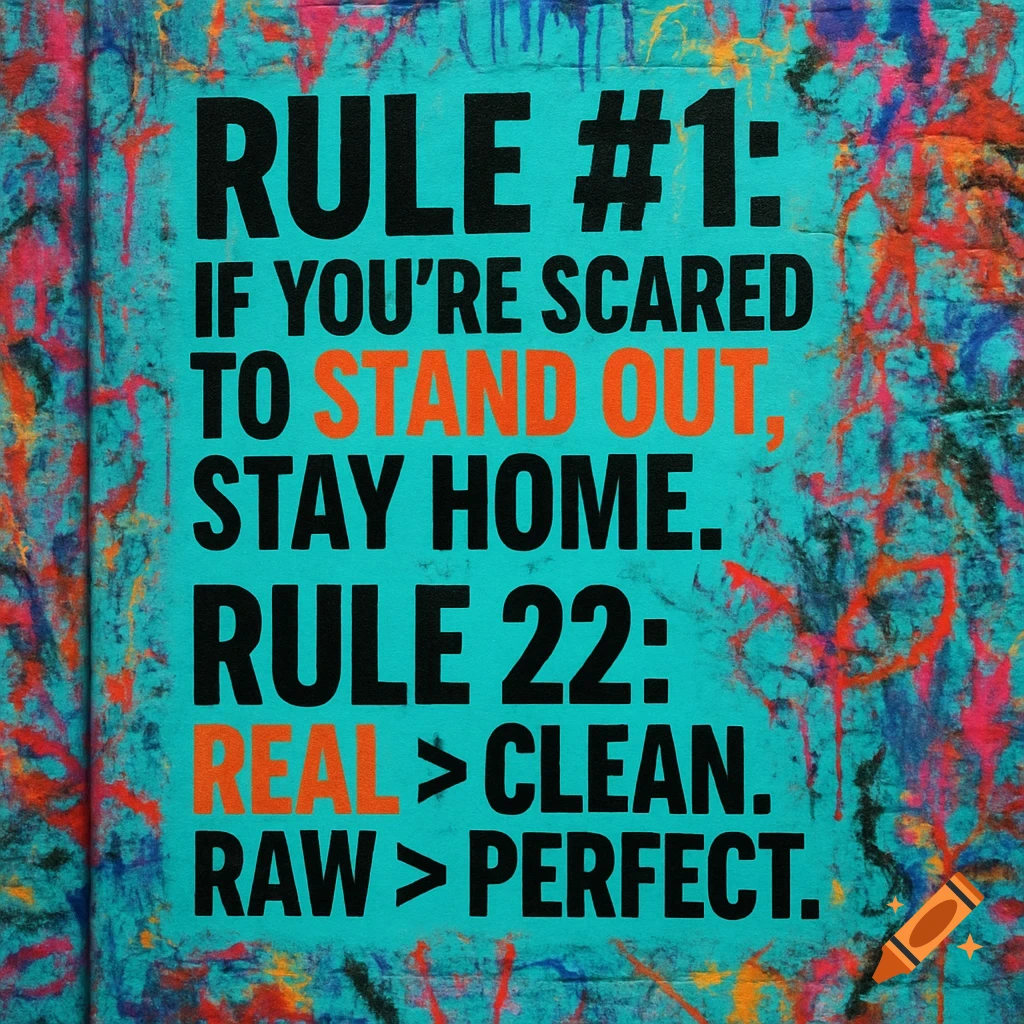 Motivational quote on a teal background with colorful abstract paint splatters. Text reads: "RULE #1: IF YOU'RE SCARED TO STAND OUT, STAY HOME. RULE 22: REAL > CLEAN. RAW > PERFECT."