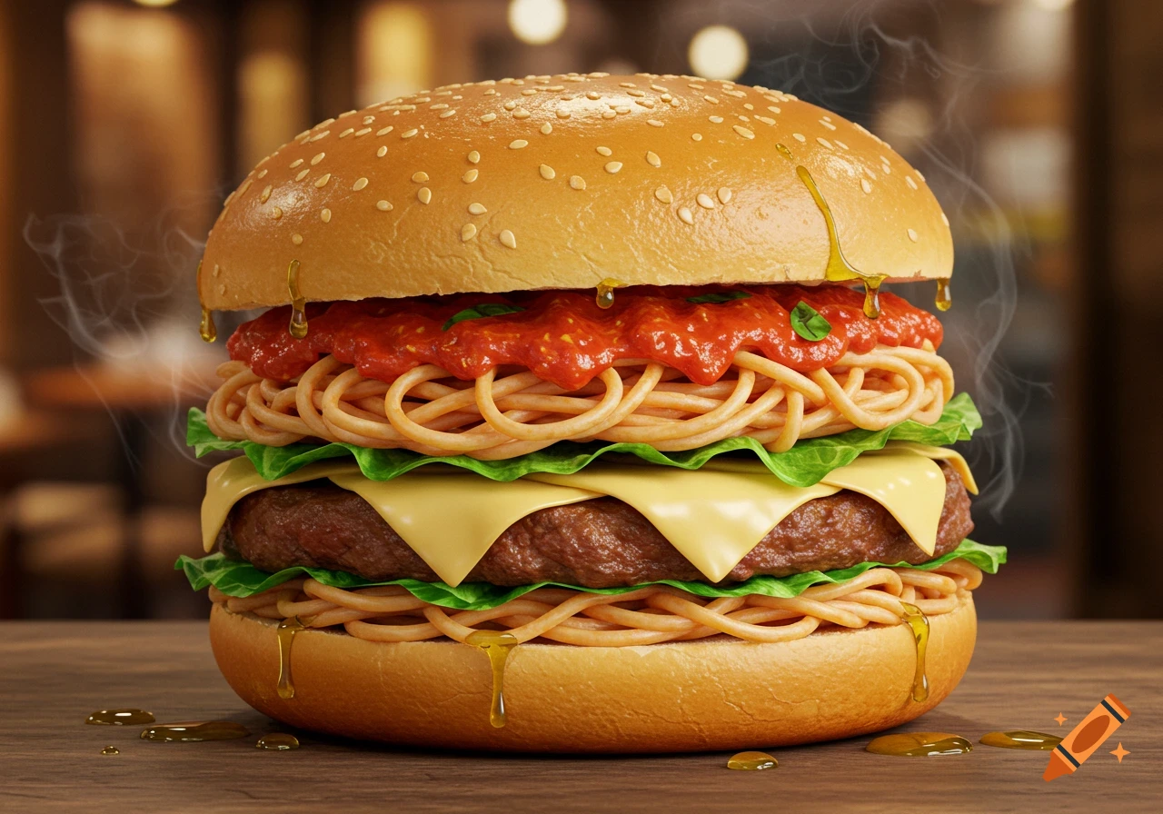 Photorealistic spaghetti burger with beef patty, cheese, lettuce, red sauce, and drippings on a wooden table.