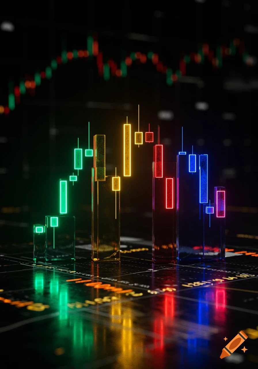 Glowing 3D trading candlesticks and line graphs on a dark, reflective digital display.
