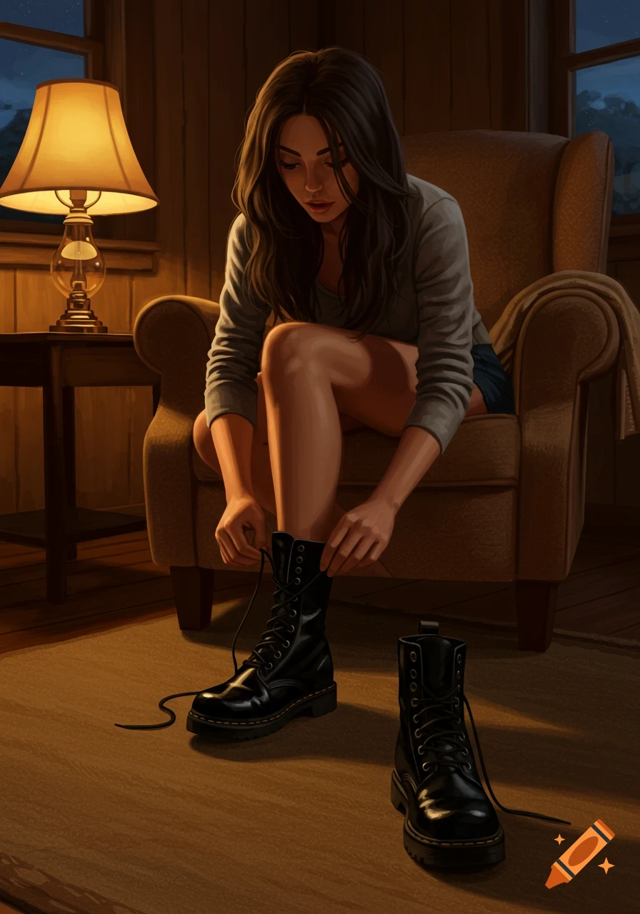 A young woman with long dark hair sits indoors, tying the laces of a black combat boot next to a lit lamp.