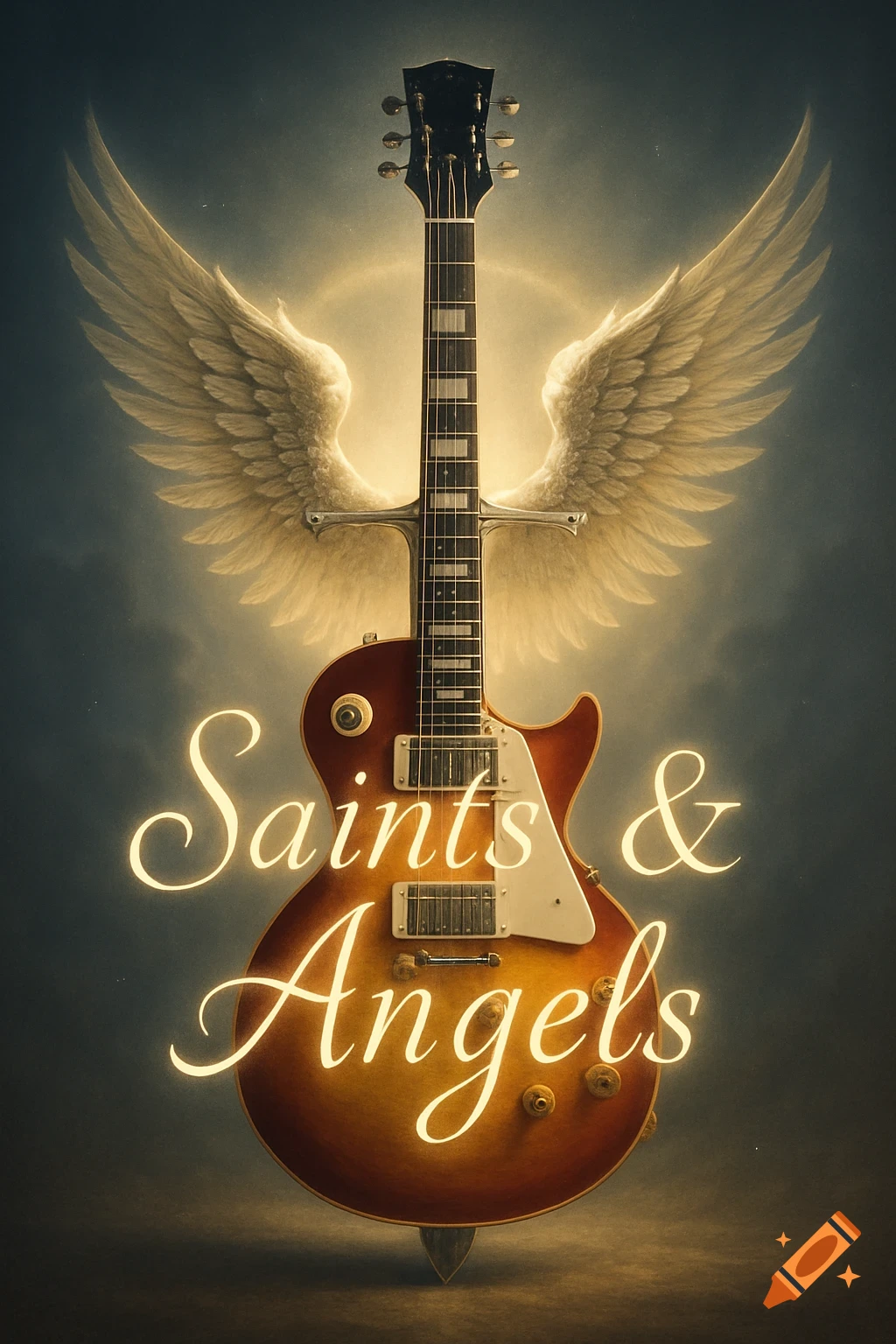 A glowing, vintage-style electric guitar with large white angelic wings and a halo, against a dark sky, with 'Saints & Angels' in script.