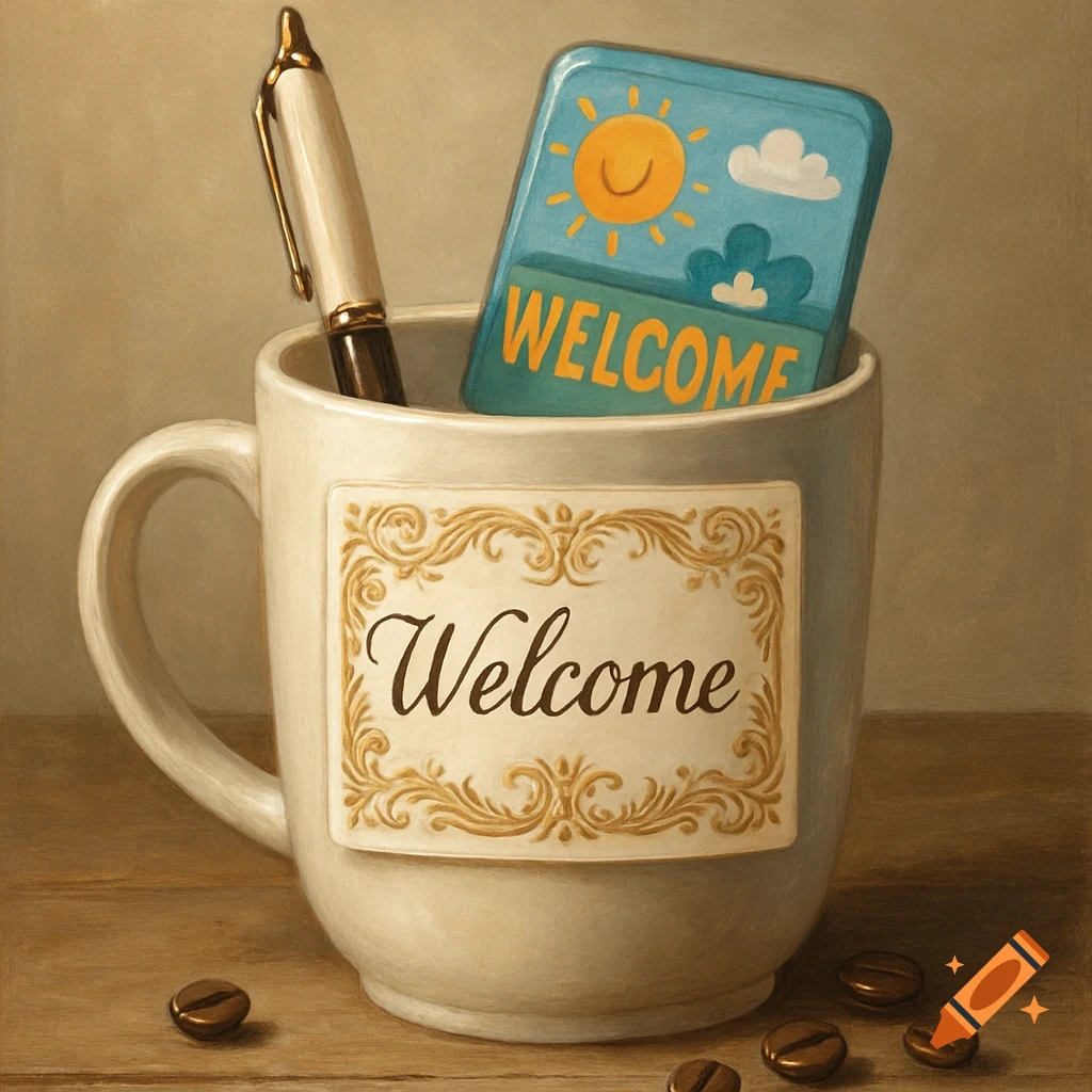 A white coffee mug with a Welcome label, a pen, and a blue welcome magnet inside, with coffee beans scattered on a wooden table.