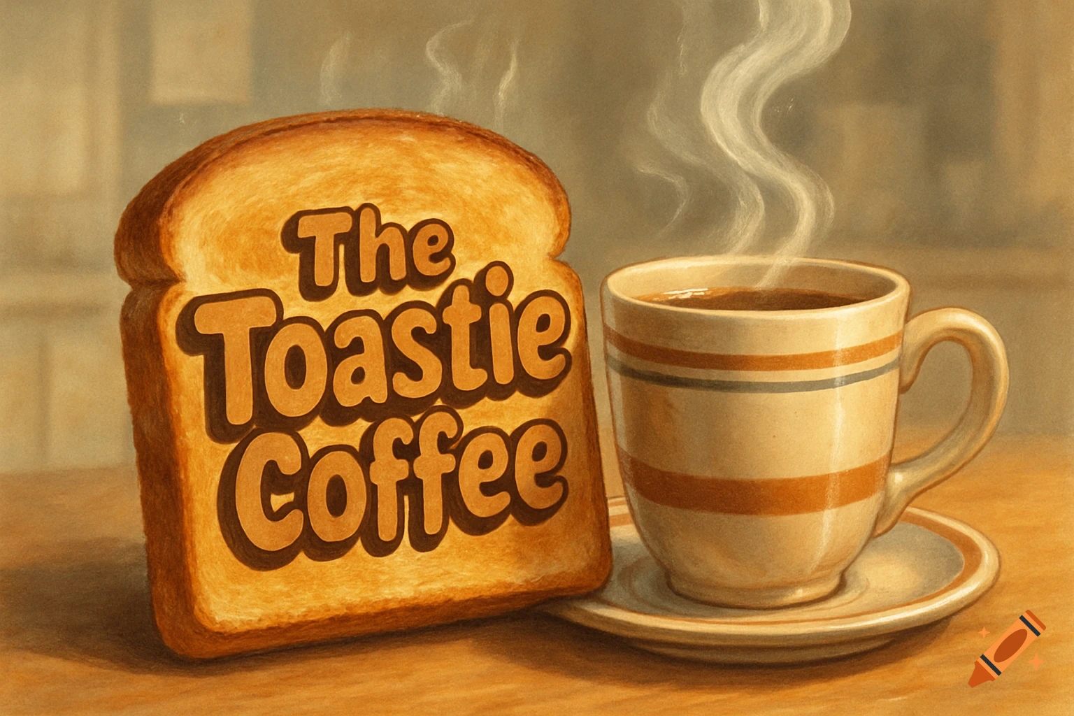 An illustration of a slice of toast with 'The Toastie Coffee' written on it, next to a steaming striped coffee cup.