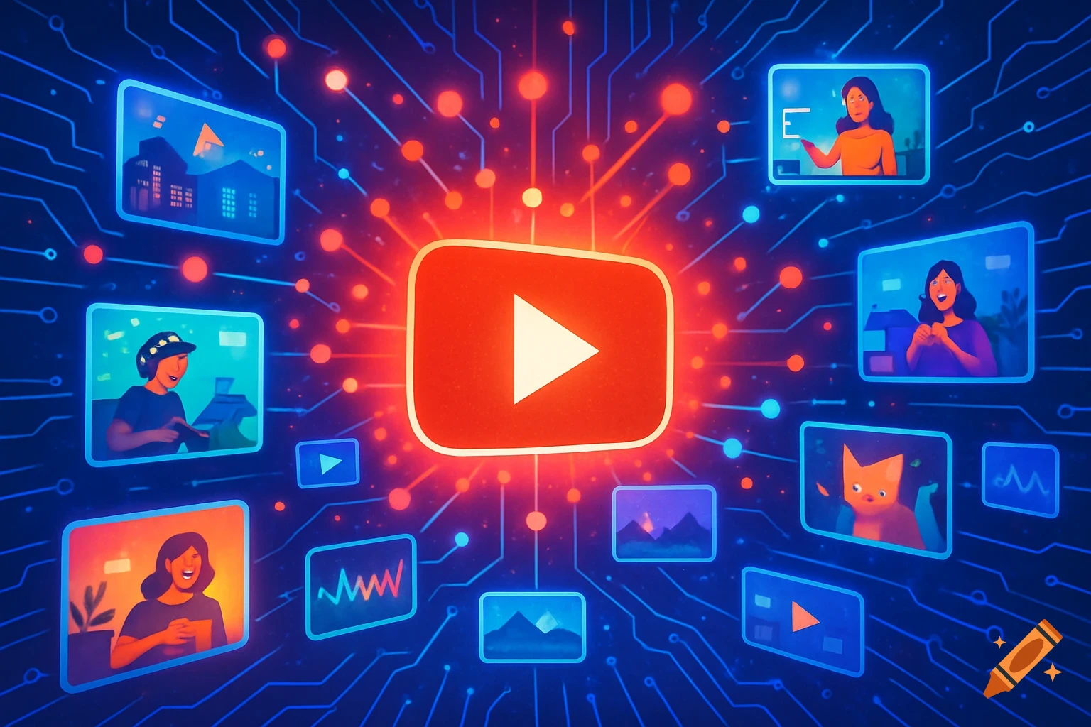 A bright red YouTube play button logo in the center of a glowing blue circuit board, surrounded by smaller screens displaying various content like people, landscapes, and a cat.