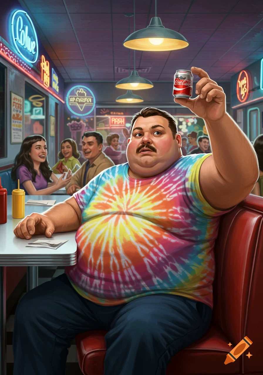 An illustrative portrait of a large man in a tie-dye shirt holding a small soda can in a retro diner.