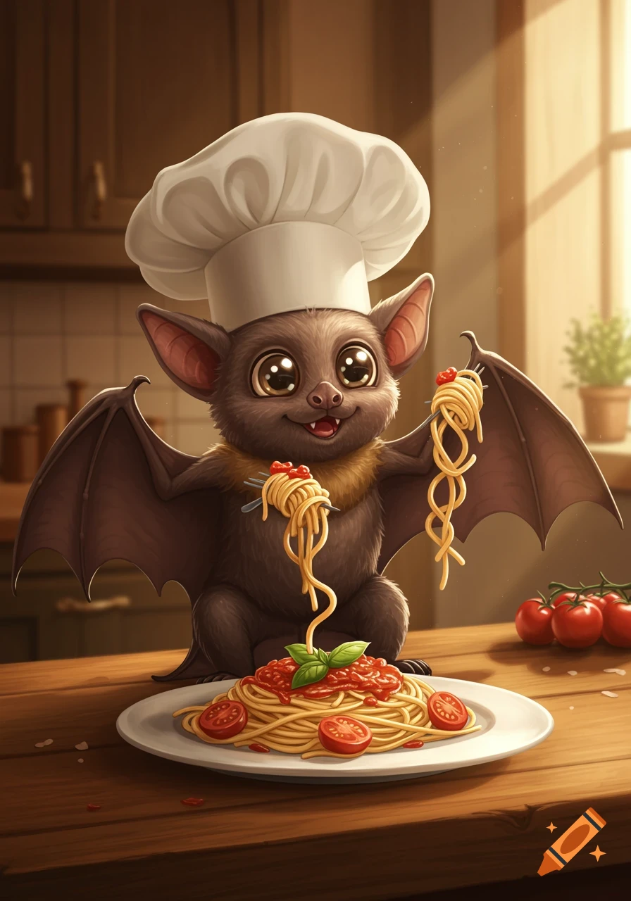 A cute cartoon bat wearing a chef's hat, holding forks with spaghetti over a plate of pasta with tomato sauce.