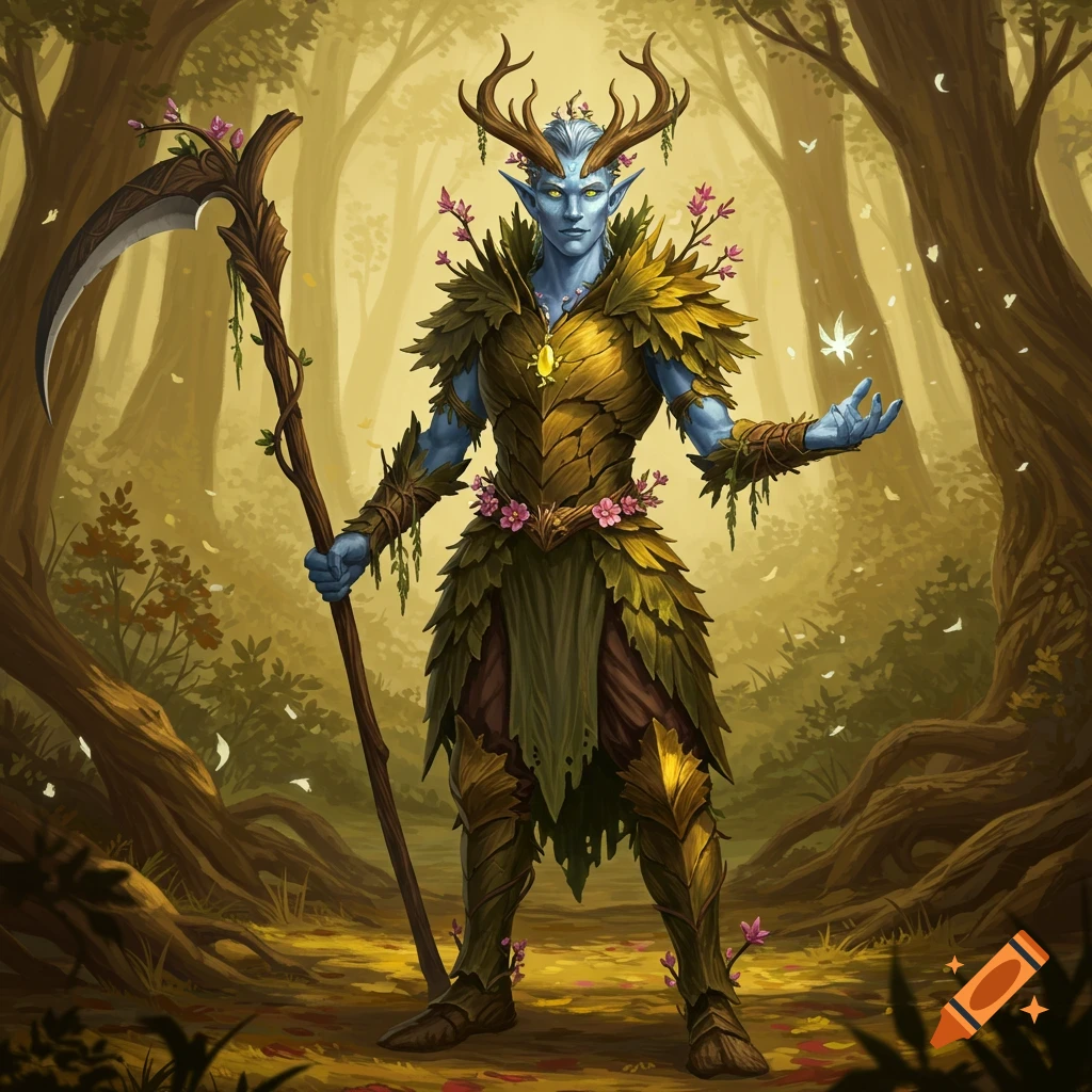 A blue-skinned, antlered druid in leaf armor holds a scythe-staff in a mystical, sunlit forest.