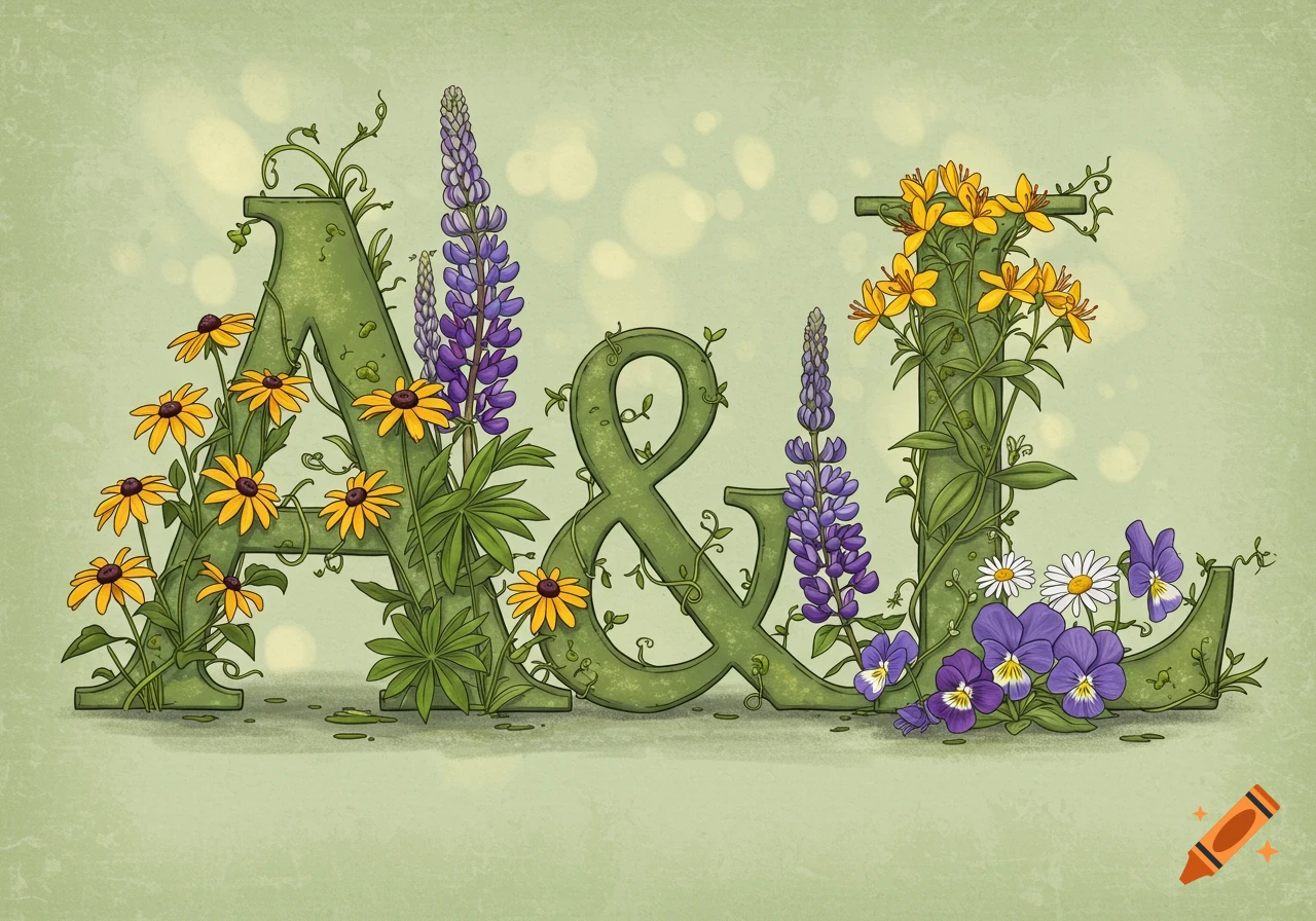 Green vine letters A&L adorned with black-eyed Susans, lupines, St. John's wort, daisies, and violets on a light green background.