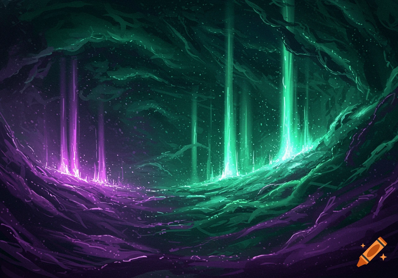 An ethereal cave interior glowing with vibrant purple and green light shafts illuminating dark, textured rock formations.