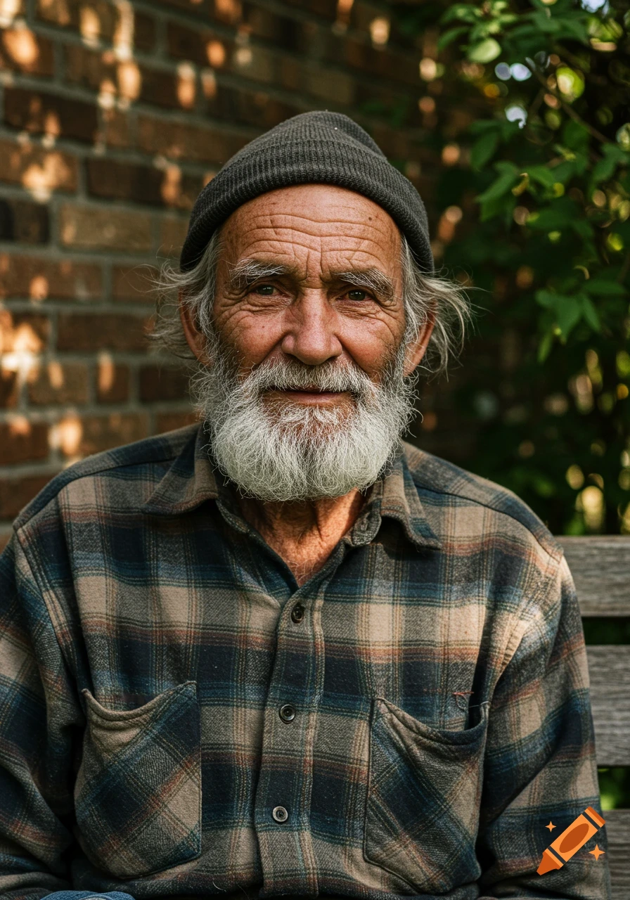 Close-up portrait of an elderly man with a white beard, dark beanie, and plaid shirt, smiling outdoors with a brick wall and foliage in the background.