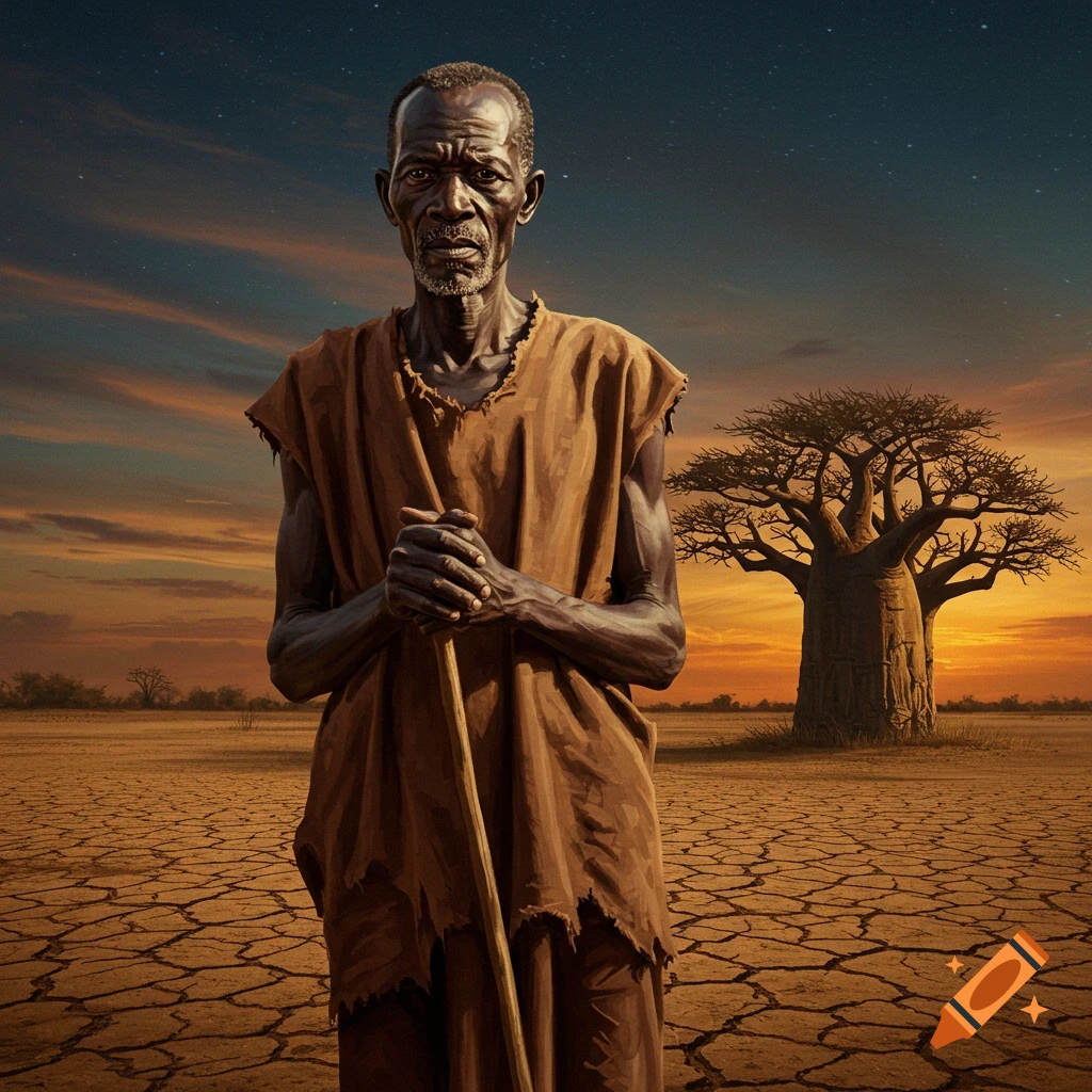An elderly African man in a brown robe holds a staff in a cracked desert with a baobab tree under a twilight sky.