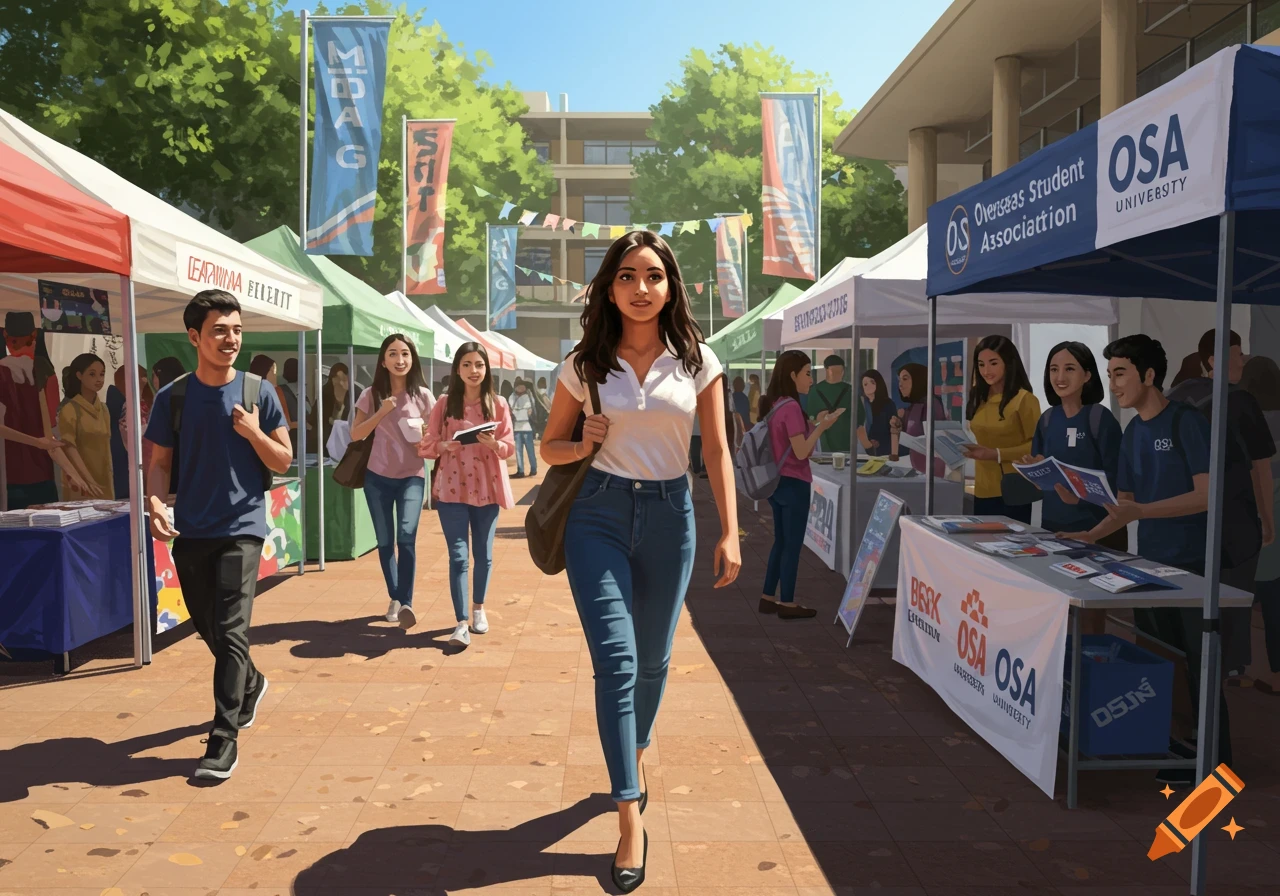 Students walk through a sunny university campus during an orientation week event, with various stalls and banners lining a paved pathway.