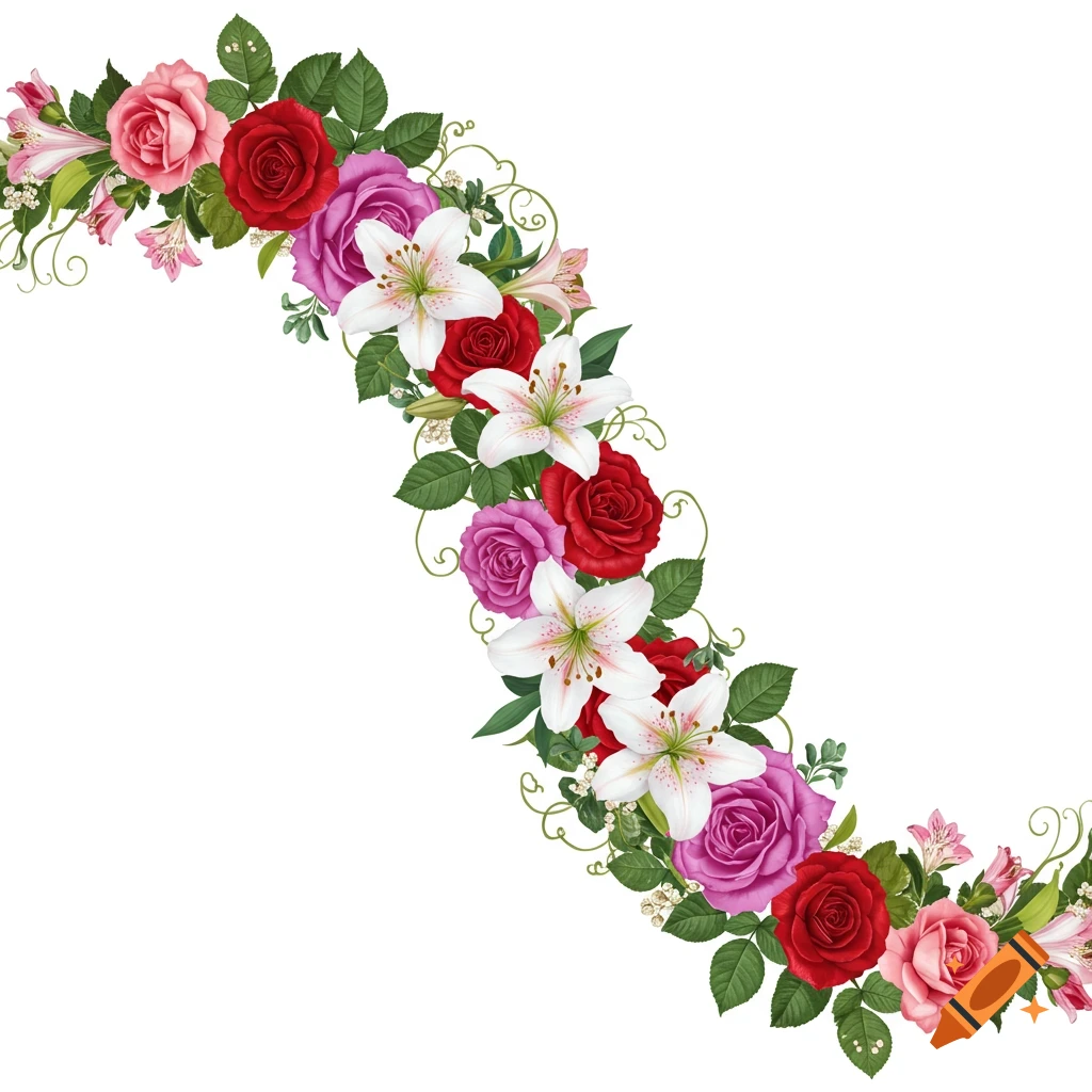 A curved garland of red, pink, and purple roses, and white lilies with green leaves on a white background.