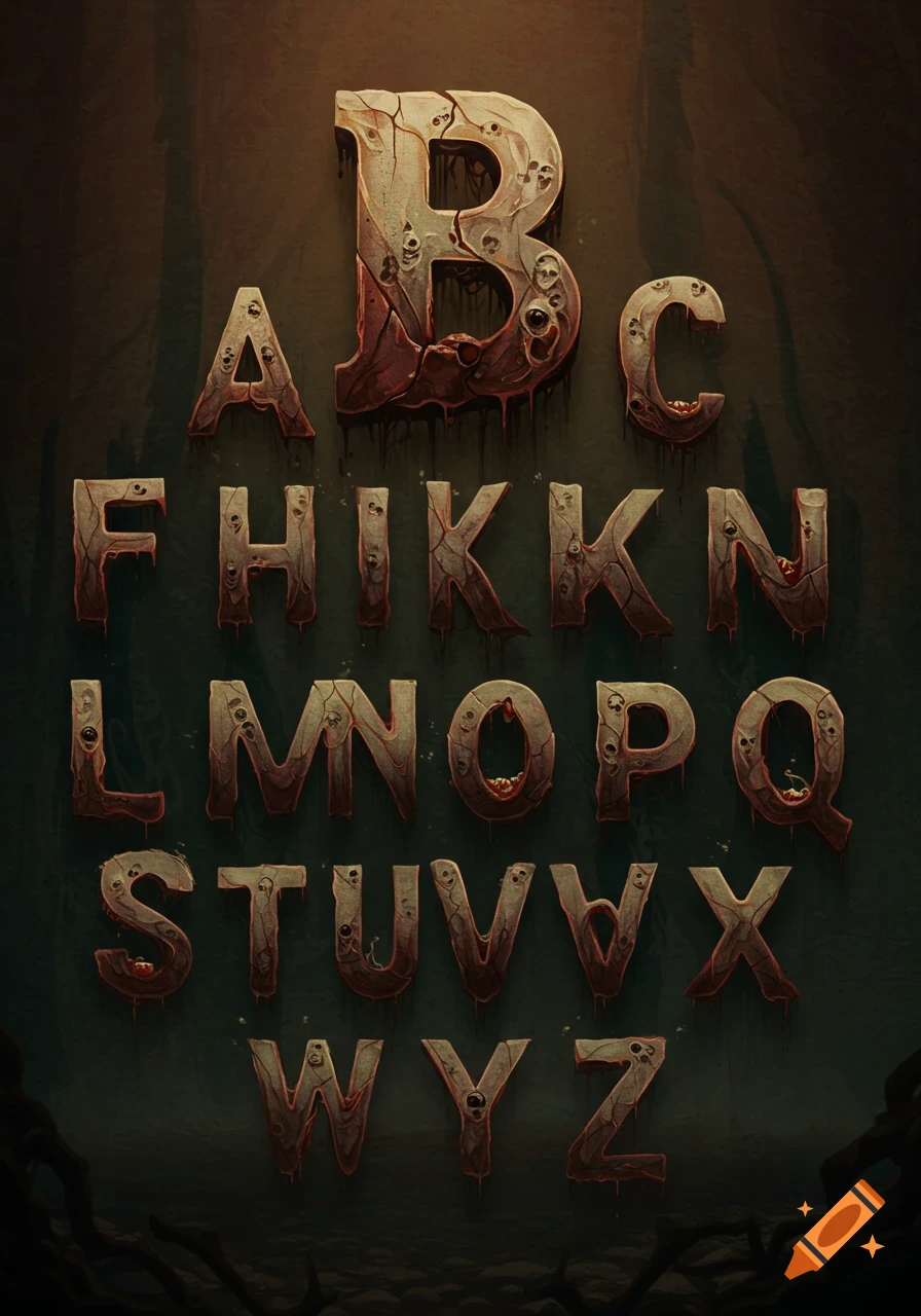 Horror-themed alphabet (A-Z) with cracked, bloody, and skull-embedded letters on a dark background.