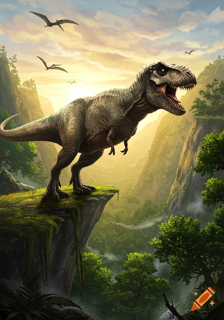 A fierce T-Rex stands on a cliff overlooking a prehistoric jungle valley at sunset, with pterodactyls flying.