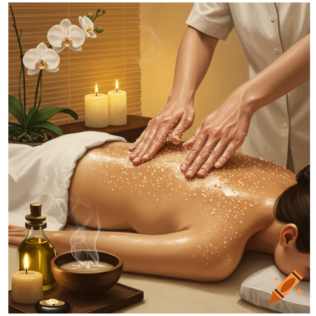 Person receiving a back scrub at a spa with candles and orchids in a serene setting.