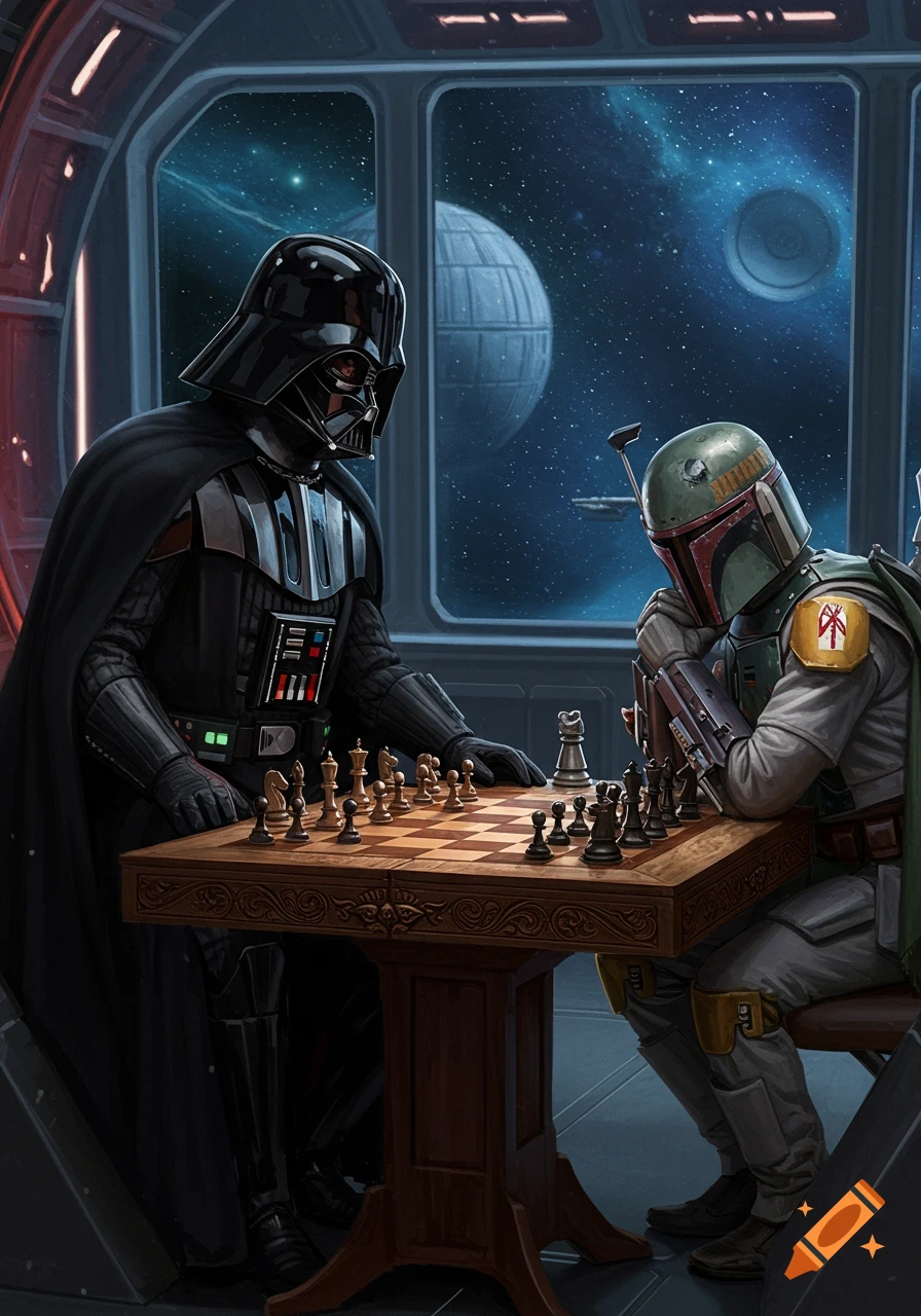 Darth Vader and Boba Fett play chess inside a spaceship, with the Death Star visible through the window.