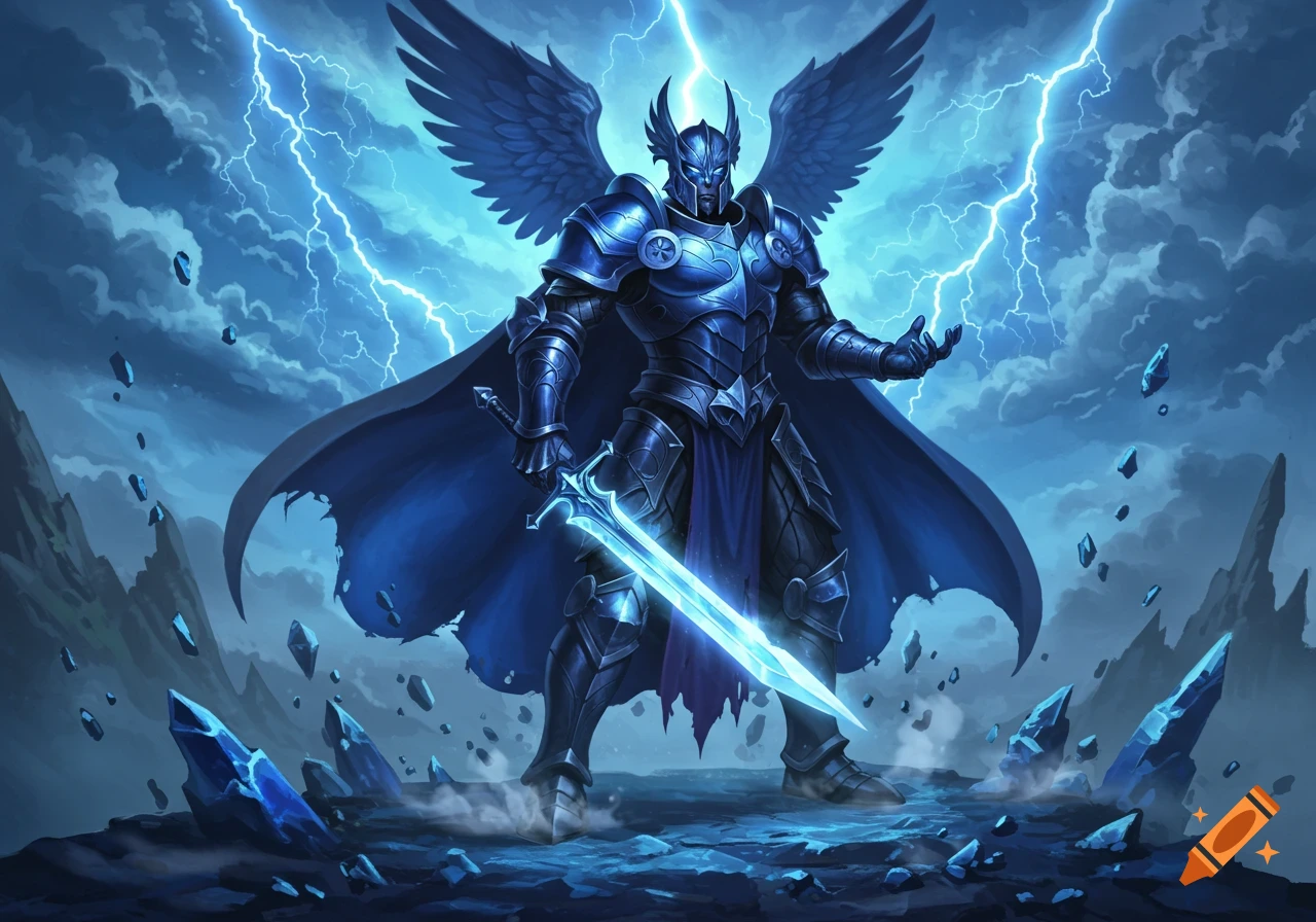 A powerful fantasy warrior in detailed blue armor with wings, holding a glowing sword amidst blue lightning and floating crystals.