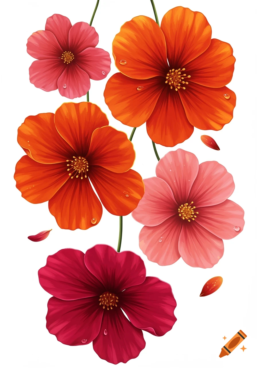 Five vibrant red, orange, and pink flowers with water droplets, hanging on slender green stems against a white background in an illustrated style.