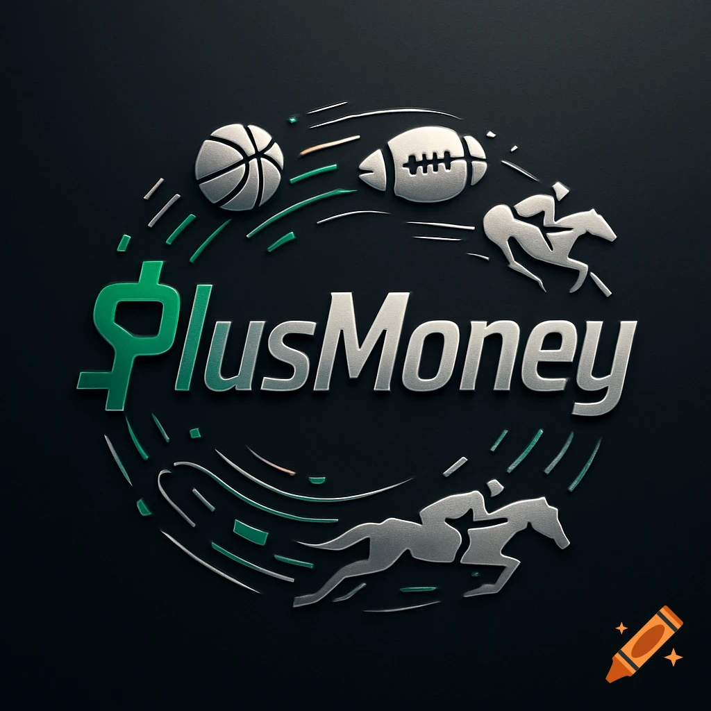 A 3D metallic logo for 'PlusMoney' with a dollar sign. It features icons of a basketball, football, and horse racers on a dark background.