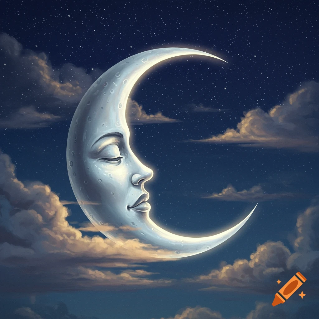 A crescent moon with a serene face, eyes closed, glowing against a dark blue star-filled night sky with fluffy clouds.
